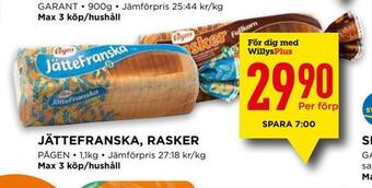 Willys Jättefranska, rasker erbjuda