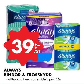 ÖoB Always bindor & trosskydd erbjuda
