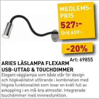 SeaSea Aries läslampa flexarm usb-uttag & touchdimmer erbjuda