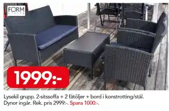 Bo Ohlsson Lysekil grupp 2-sitssoffa + 2 fåtöljer + bord i konstrotting/stål erbjuda