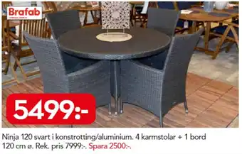 Bo Ohlsson Brafab Ninja 120 svart 4 karmstolar + 1 bord 120cm ø erbjuda