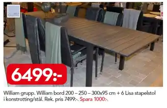 Bo Ohlsson William grupp William bord 200-250-300x95cm + 6 Lisa stapelstol erbjuda