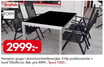 Hampton grupp 4 Hjo positionsstolar + bord 155x96cm
