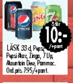 Läsk 33cl Pepsi, Pepsi Max, Zingo, 7 Up, Mountain Dew,Pammoc