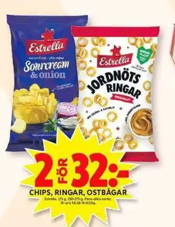 ICA Maxi Estrella Chips, Ringar, Ostbågar 250-275g erbjuda
