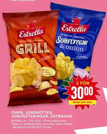 Willys Estrella Chips, Jordnötter, Jordnötspringar, Ostbågar 175-275g erbjuda