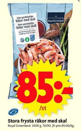ICA Supermarket Royal Greenland Stora frysta räkor med skal 1000g erbjuda