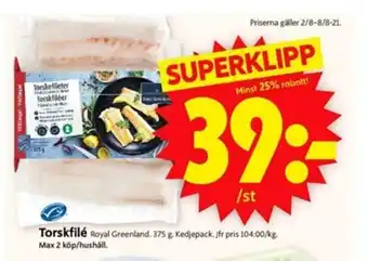 ICA Supermarket Royal Greenland Torskfilé 375g erbjuda