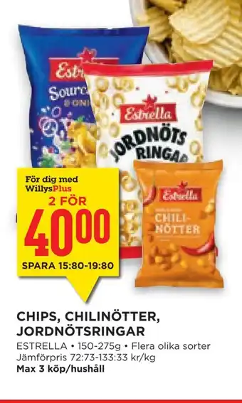 Willys Hemma Chips, chilinötter, jordnötsringar erbjuda