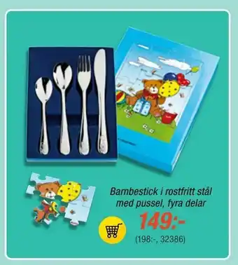 Barnbestick i rostfritt stål med pussel, fyra delar