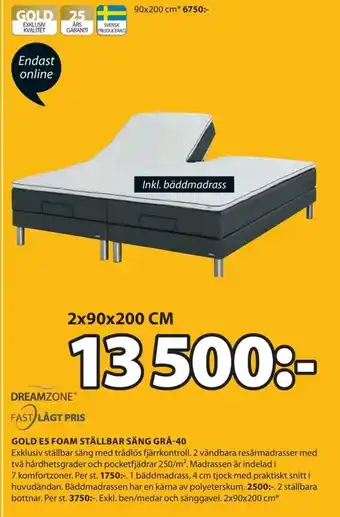 JYSK Dreamzon Gold E5 Foam Ställbar Säng Grä-40 2x90x200cm erbjuda