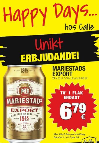 Calle Mariestads Export Öl erbjuda