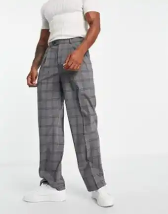 Asos design – grå rutiga finbyxor med vida ben