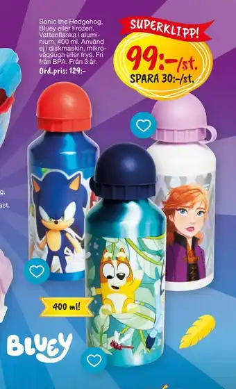 Sonic the hedgehog, bluey eller frozen vatten flaska i aluminium