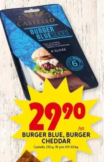 ICA Kvantum Burger Blue, Burger Cheddar Castello erbjuda