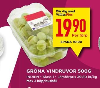 Willys Gröna vindruvor 500g erbjuda