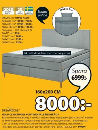 JYSK Dreamzone Gold C35 Memory Kontinentalsång Grå-27 160x200cm erbjuda