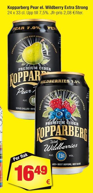 Calle Kopparberg pear el. wildberry extra strong erbjuda