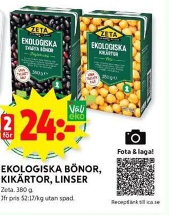 ICA Kvantum EKOLOGISKA BÖNOR, KIKÄRTOR, LINSER erbjuda
