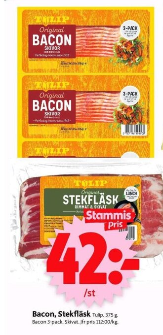 ICA Supermarket Bacon, Stekfläsk Tulip. 375 g erbjuda