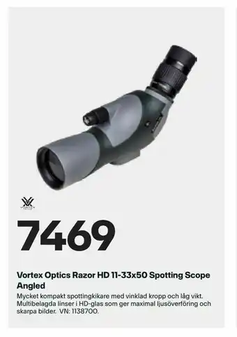 XXL Vortex Optics Razor HD 11-33x50 Spotting Scope Angled erbjuda