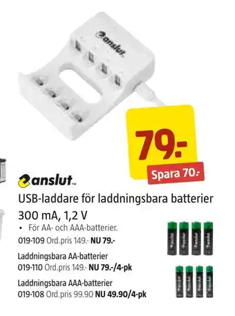 Jula Usb-laddare för laddningsbara batterier 300 ma, 1,2 v erbjuda