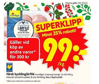 ICA Supermarket Kronfågel kycklinglårfile erbjuda