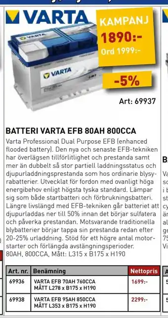 SeaSea Batteri varta efb 80ah 800cca erbjuda