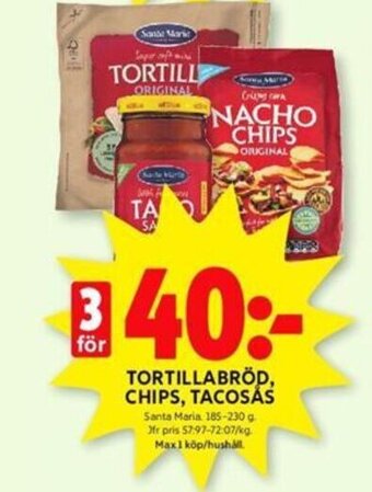 ICA Kvantum TORTILLABRÖD, CHIPS, TACOSÅS Santa Maria 185-230 g erbjuda