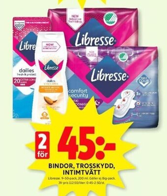 ICA Kvantum BINDOR, TROSSKYDD, INTIMTVÄTT Libresse. 9-50-pack, 200 ml. erbjuda