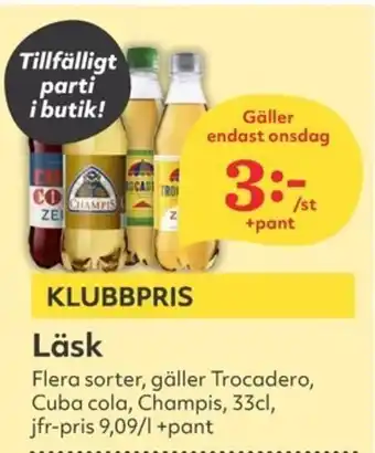 Hemköp Läsk Flera sorter, gäller Trocadero, Cuba cola, Champis, 33cl, jfr-pris 9,09/1 +pant erbjuda