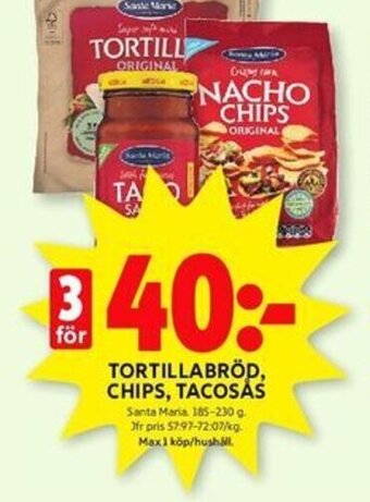 ICA Kvantum TORTILLABRÖD, CHIPS, TACOSAS Santa Maria 185-230 g. erbjuda