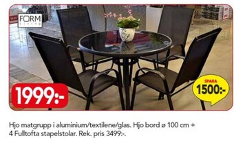 Bo Ohlsson Hjo matgrupp i aluminium/textilene/glas. Hjo bord Ø 100 cm + 4 Fulltofta stapelstolar. erbjuda