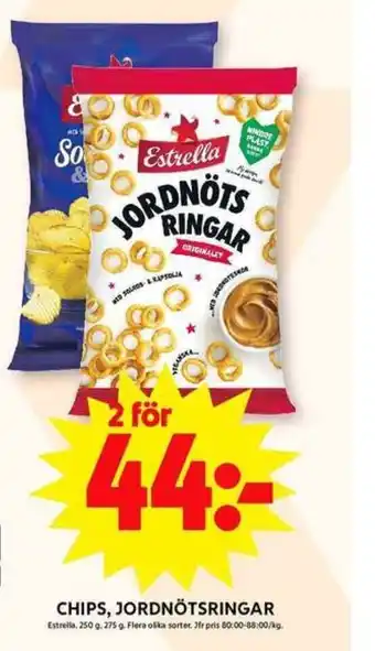 CHIPS, JORDNÖTSRINGAR Estrella, 250 g. 275 g.