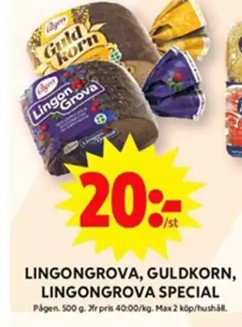 ICA Maxi LINGONGROVA, GULDKORN, LINGONGROVA SPECIAL Pägen. 500 g. erbjuda