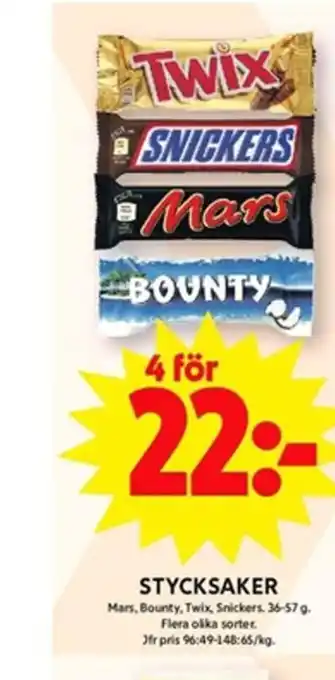 STYCKSAKER Mars, Bounty, Twix, Snickers. 36-57 g.