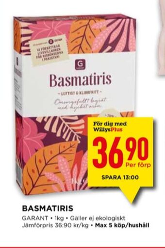 Willys Garant basmatiris erbjuda