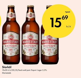 Snabbgross Starköl 15x50 cl à 235,35/back exkl pant. Export. Lager 5,3%. Mariestads erbjuda
