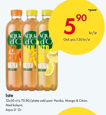 Snabbgross Iste 12x50 cl à 70,80/platta exkl pant. Persika, Mango & Citron. Med kolsyra. Aqua D'Or erbjuda