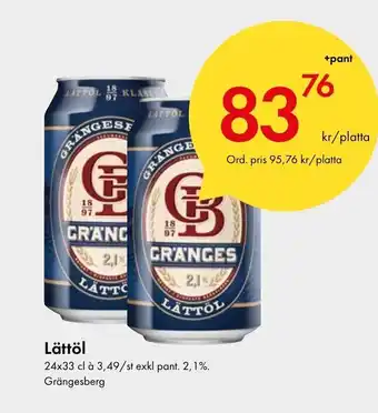 Snabbgross Lättöl 24x33 cl à 3,49/st exkl pant. 2,1%. Grängesberg erbjuda