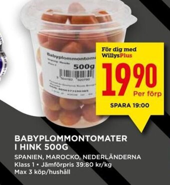 Willys BABYPLOMMONTOMATER I HINK 500G erbjuda