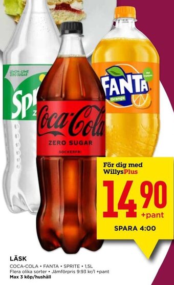 Willys LÄSK COCA-COLA FANTA SPRITE. 1,5L erbjuda