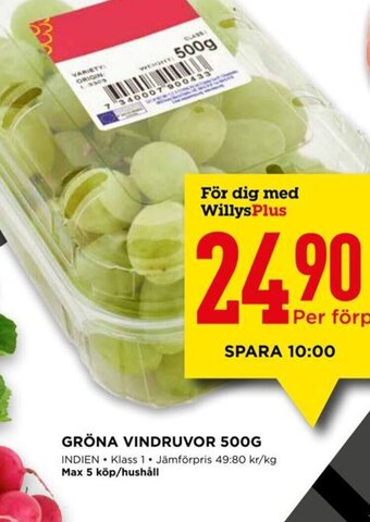 Willys GRÖNA VINDRUVOR 500G erbjuda