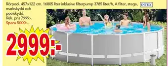 Rörpool. 457x122 cm. 16805 liter inklusive filterpump 3785 liter/h, A filter, stege, INTEX markskydd och poolskydd.