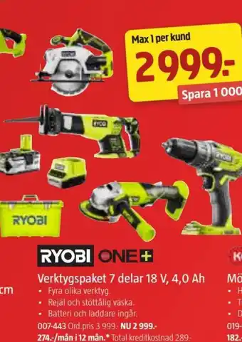 Jula RYOBI ONE+ Verktygspaket 7 delar 18 V, 4,0 Ah erbjuda