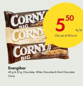 Snabbgross Energibar 40 g & 50 g. Chocolate, White Chocolate & Dark Chocolate. Corny erbjuda