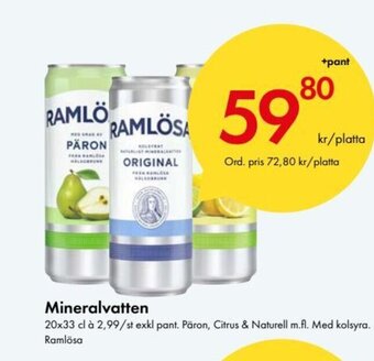 Snabbgross Mineralvatten 20x33 cl à 2,99/st exkl pant. Päron, Citrus & Naturell m.fl. Med kolsyra. Ramlösa erbjuda