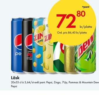 Läsk 20x33 cl à 3,64/st exkl pant. Pepsi, Zingo, 7Up, Pommac & Mountain Dew. Pepsi