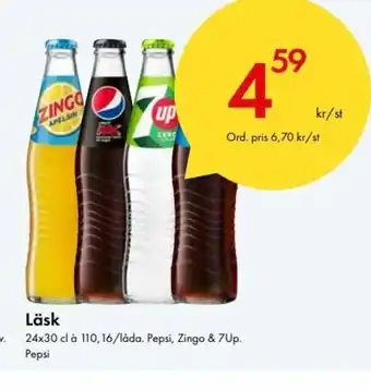Läsk 24x30 cl à 110, 16/låda. Pepsi, Zingo & 7Up. Pepsi