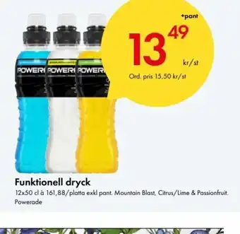 Snabbgross Funktionell dryck 12x50 cl à 161,88/platta exkl pant. Mountain Blast, Citrus/Lime & Passionfruit. Powerade erbjuda